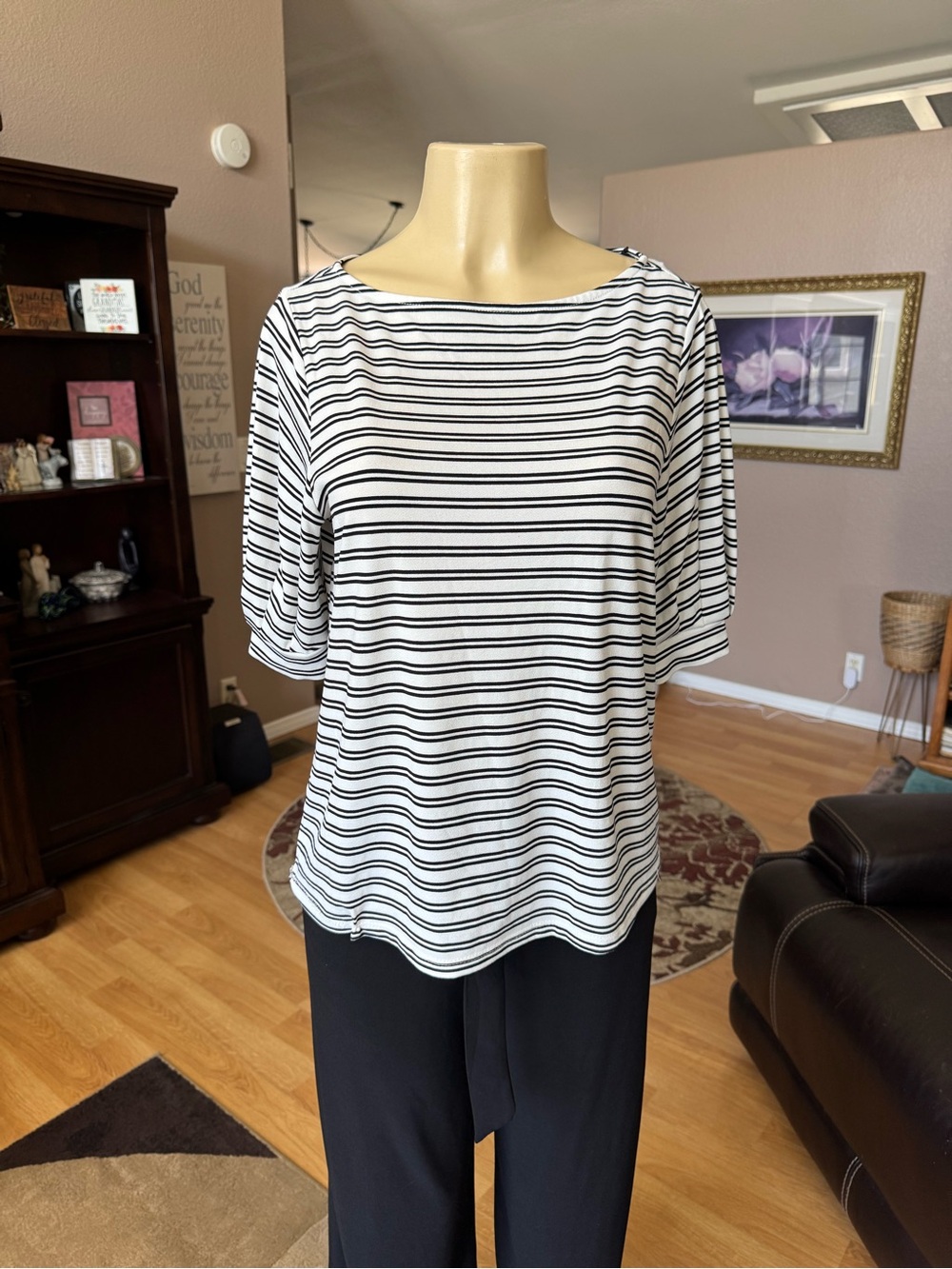H&M black & white stripe boatneck short puff sleeves knit blouse-size M